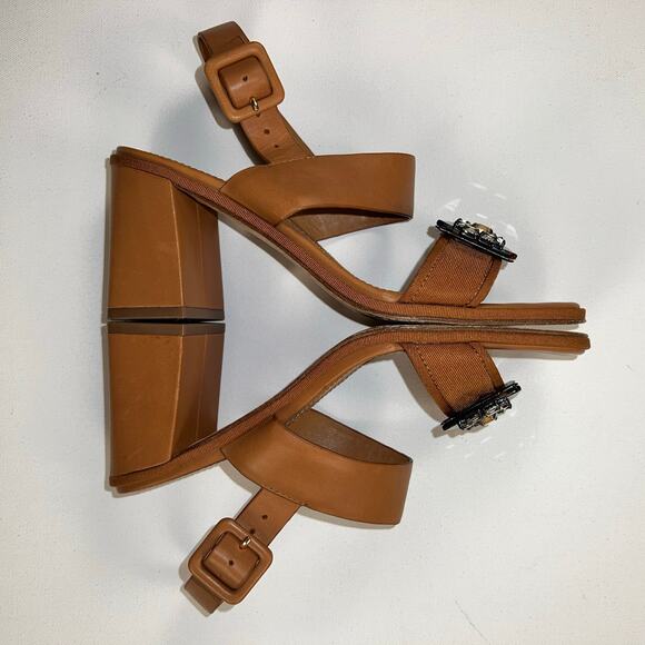 Tory Burch Delaney Embellished Sandal Camel Brown Tortoise Crystal Size 7.5M - Picture 9 of 11